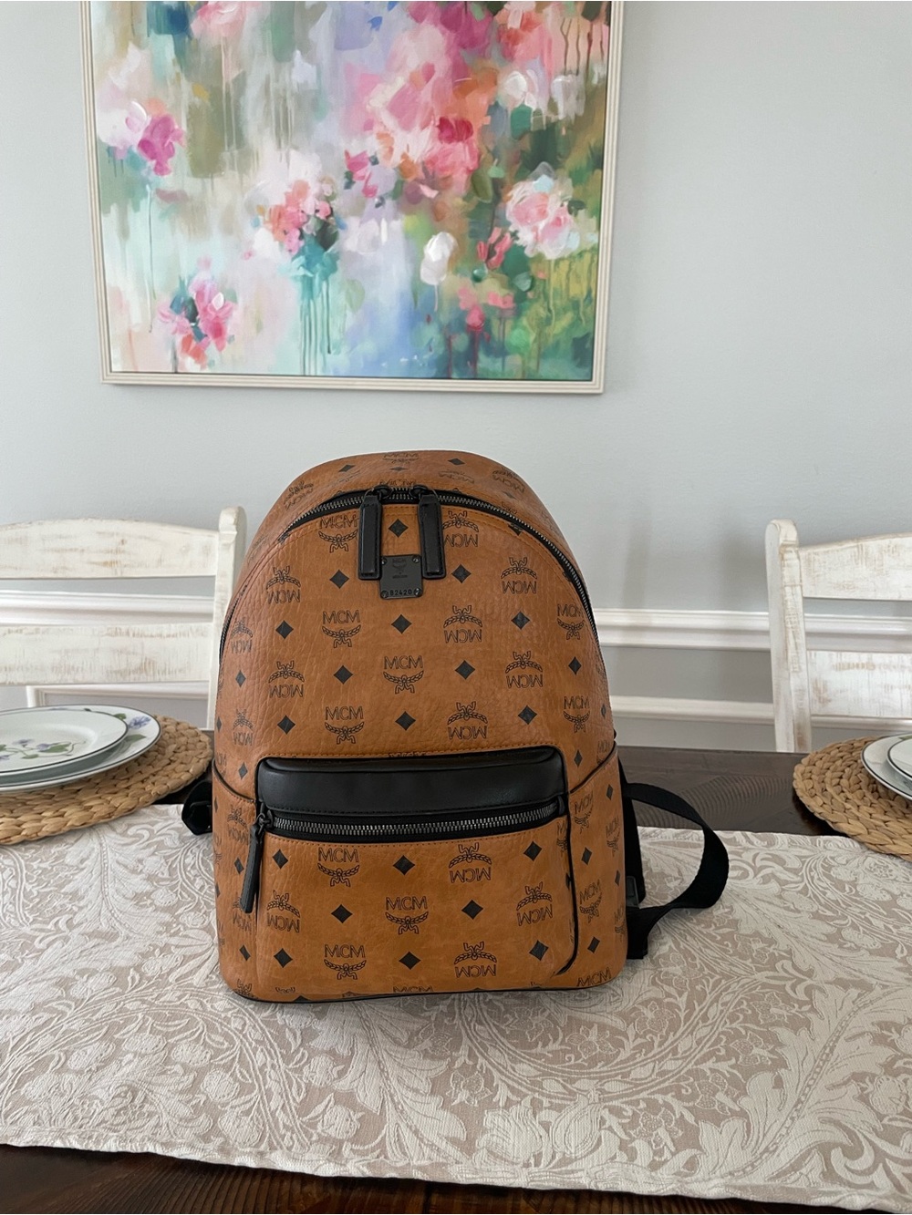 MCM Cognac Logo-Print Backpack with Black Trim